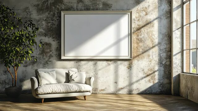 Cozy living room with a blank picture frame and natural light streaming through large windows