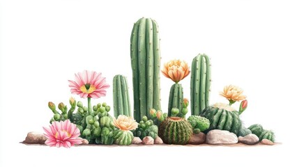 Blooming cactus in desert, vibrant flowers, watercolor style
