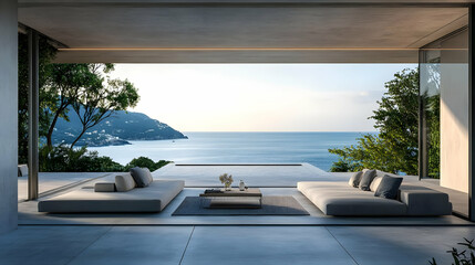 Fototapeta premium Modern Minimalist Patio with Ocean View 3D Illustration