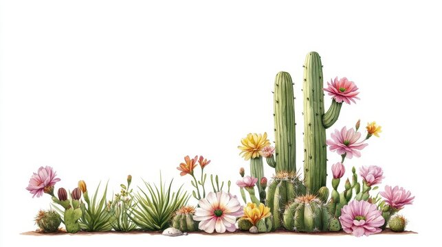 Blooming cactus in desert, vibrant flowers, watercolor style