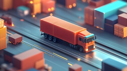 Low Poly Truck Driving on Highway with Containers
