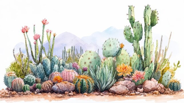Cactus garden in desert, variety of species, watercolor style