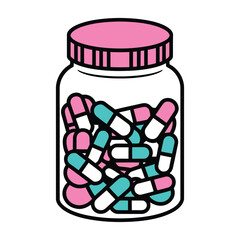 Colorful Assortment of Pills in a Medicine Jar Illustration