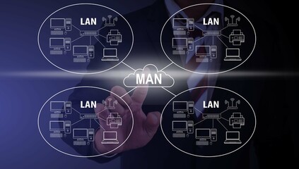 Businessman pointing on metropolitan area network (MAN) diagram for marketing	