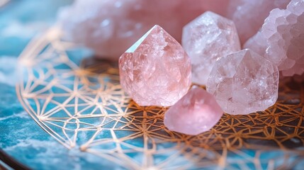a close-up of a rose quartz crystal and sacred geometry crystal grid for self-love and self-healing.