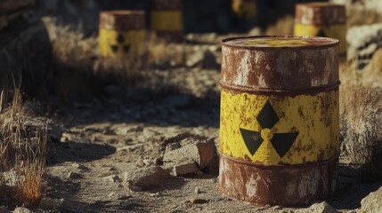 Naklejka premium Radioactive Waste Barrels in a Desolate Landscape.