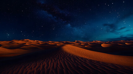 Naklejka premium Sun-kissed dunes stretch towards a moonlit sky, a canvas of stars shimmering over a vast, dry desert landscape