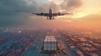 Airplane Taking Off Over Cargo Containers at Sunset.