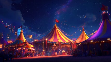 4D animated circus with colorful tents, acrobats, clowns, and a lively audience under a bright starry sky 