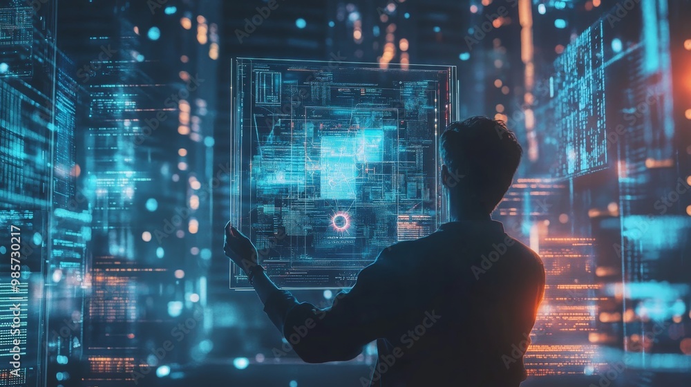 Aufkleber silhouette of a programmer holding a futuristic digital interface