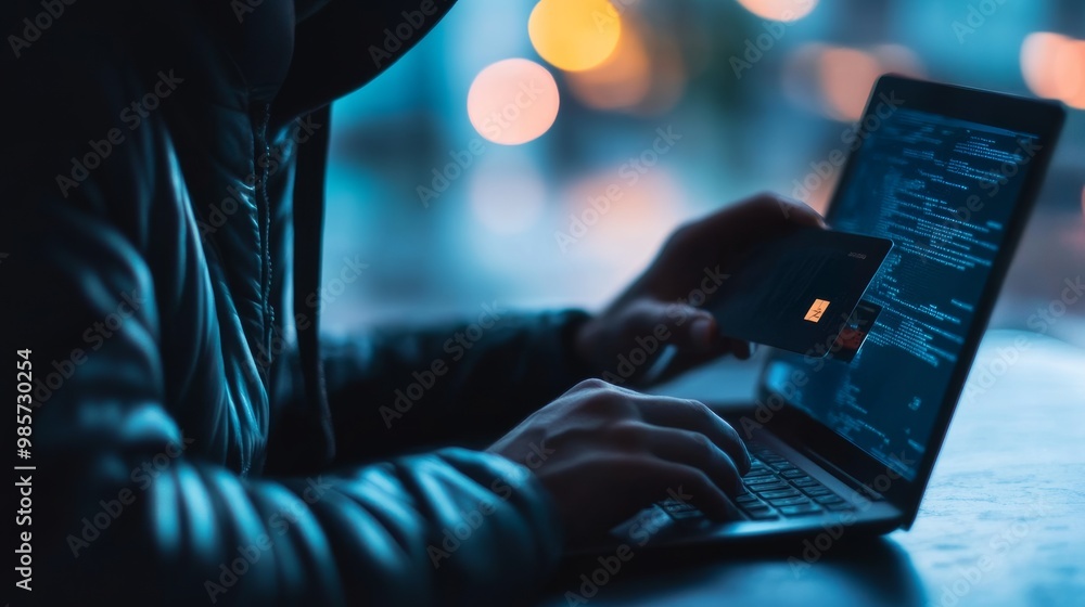 Poster hacker using a laptop and credit card in the dark.