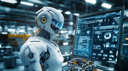 4D animated robot assembling parts in a futuristic factory, with holographic screens and machinery in the background 