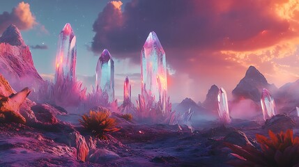 4D animation of an alien planet with towering crystal structures, strange plants, and colorful skies 