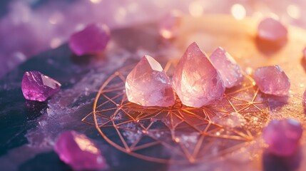 a close-up of a rose quartz crystal and sacred geometry crystal grid for self-love and self-healing.