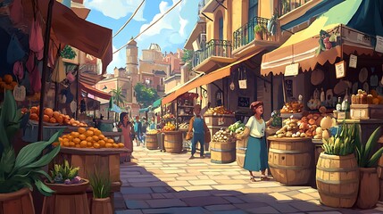 Cartoon-style bustling marketplace with animated merchants, colorful stalls, and happy customers 