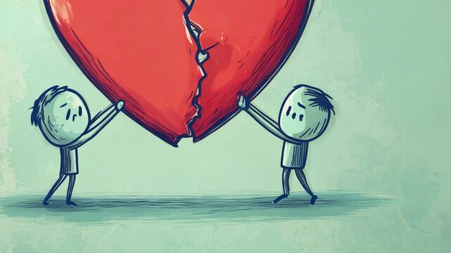 Two cartoon characters trying to fix a broken heart