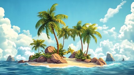 Cartoon-style island paradise with palm trees, animated waves, and a relaxing tropical vibe 