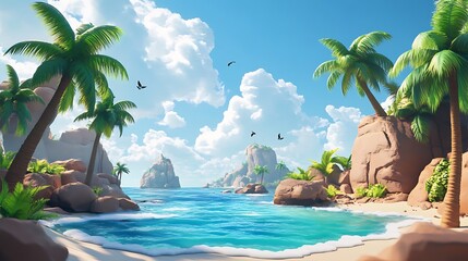 Cartoon-style island paradise with palm trees, animated waves, and a relaxing tropical vibe 