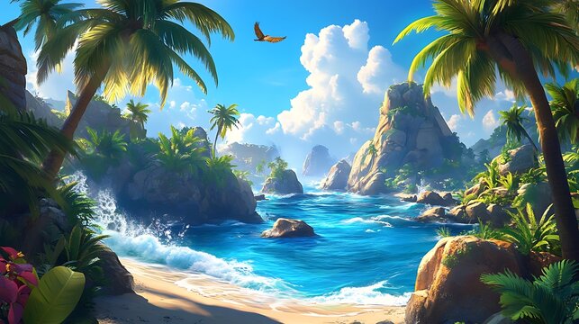 Cartoon-style island paradise with palm trees, animated waves, and a relaxing tropical vibe 