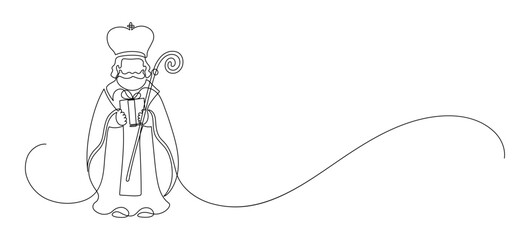 Happy Saint Nicholas Day. St. Nicolas in Orthodox hat holding gift. Continuous line drawing. Winter holiday.