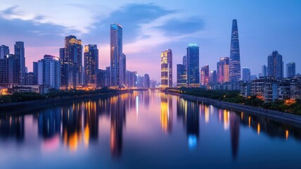Fototapeta premium City skyline at dusk with glowing skyscrapers reflecting on a calm river, urban glowtime, serene and modern