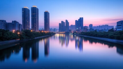 Obraz premium City skyline at dusk with glowing skyscrapers reflecting on a calm river, urban glowtime, serene and modern