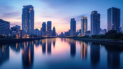 City skyline at dusk with glowing skyscrapers reflecting on a calm river, urban glowtime, serene and modern
