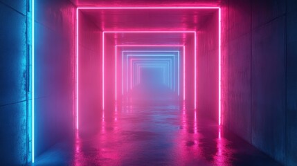 A long, narrow hallway lined with bright pink and blue neon lights.