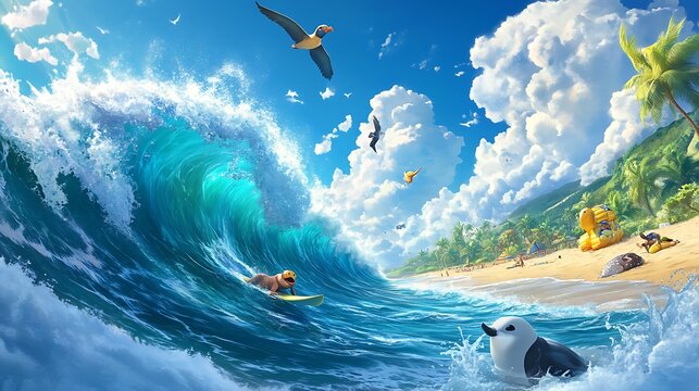 Playful animated animals surfing on giant waves in a tropical beach setting, with bright sunny skies 