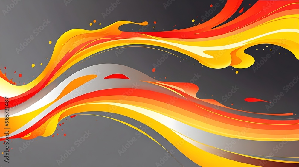Poster fluid abstract design with wave-like patterns and bold red, orange, and yellow colors on a light gra