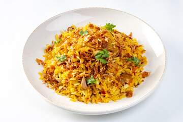 chicken biryani dish on a white background