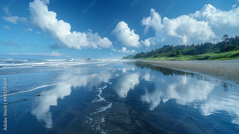 Wall mural Serene beach at low tide with soft sand tide pools reflecting the sky and small rocks scattered along the shore