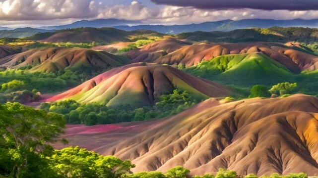 Panoramic shot of the Seven Colored Earths Chamarel national park in the Mauritius Island. Traveling fluffy clouds. Vibrant colors, sand dunes. Touristic attraction. Terres des Sept Couleurs.