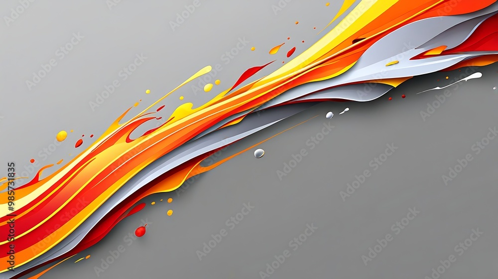Poster fluid abstract design with wave-like patterns and bold red, orange, and yellow colors on a light gra