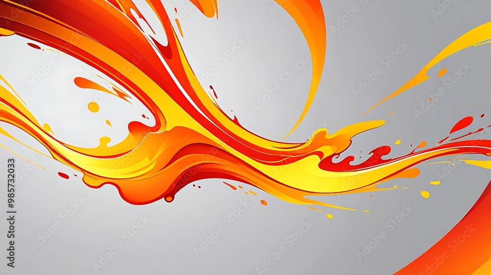 Poster fluid abstract design with wave-like patterns and bold red, orange, and yellow colors on a light gra