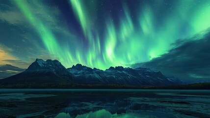 Naklejka premium Glowing aurora lights over a mountain range, capturing the beauty of the natural world, mountain glowtime, majestic and serene