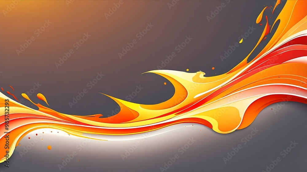 Poster fluid abstract design with wave-like patterns and bold red, orange, and yellow colors on a light gra