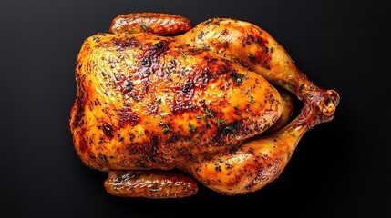 Tasty and juicy rotisserie chicken on black background, grill chicken top view.