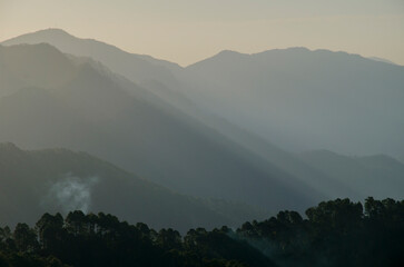 Himalayas mountain range, Spectacular and Mesmerizing landscape, view of the mystical land of Kumaun, near Munsiyari, Pithoragarh, Uttarakhand, India. Background, cover, copy space, soft focus