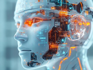 A futuristic cyborg head with a glowing digital brain and a detailed textured face, rendered in 3D.