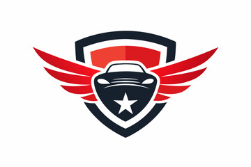  a vector illustration of a logo featuring a stylized car within a shield emblem, accented by a prominent star and dynamic wing elements, incorporating bold contrasting colors and space for comp