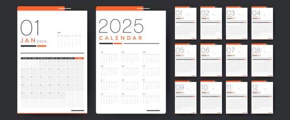 Calendar template 2025 creative minimal business monthly. Desk, wall calendar for print, digital calendar or planner. Week start on Monday. Simple modern annual calendar layout design element. Vector.