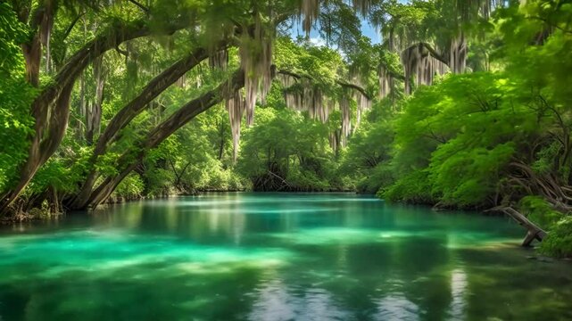 Weeki Wachee Springs State Park river in Florida. Cinemagraph of clear blue water, green tropical jungle, manatee