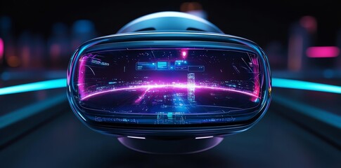 A futuristic VR headset with a cityscape and digital HUD inside, glowing with neon pink and blue light.