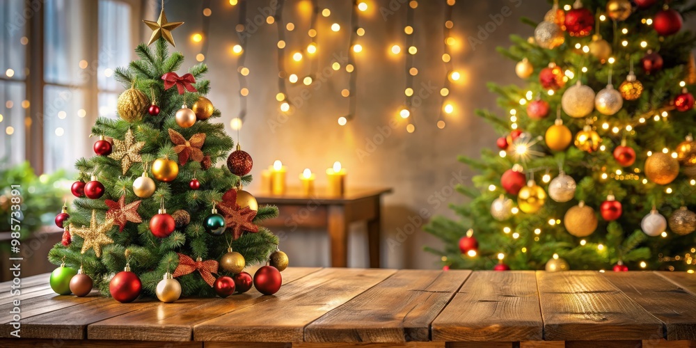 Poster christmas tree with festive decorations, surrounded by a table and wall free space in the background
