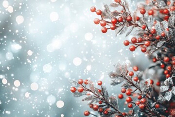 Frosty winter berries with soft snowfall