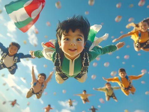 A group of children, including a young Asian boy, enjoy a carefree skydiving experience, surrounded by colorful parachutes in a bright blue sky.