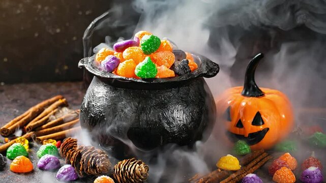Black cauldron decorated with spiderwebs, filled with colorful candy.