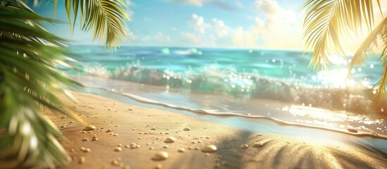 Stunning tropical beach scene with swaying palm trees turquoise ocean waves and golden sand under a bright sunny sky