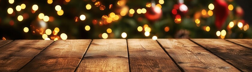 Wooden table surface with festive Christmas lights and decorated tree in the background, soft focus, warm holiday ambiance, subtle bokeh, cozy and inviting scene, shallow depth